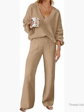 Women's Long Sleeve V-Neck Sweater Wide Leg Pant Lounge Set Size Large